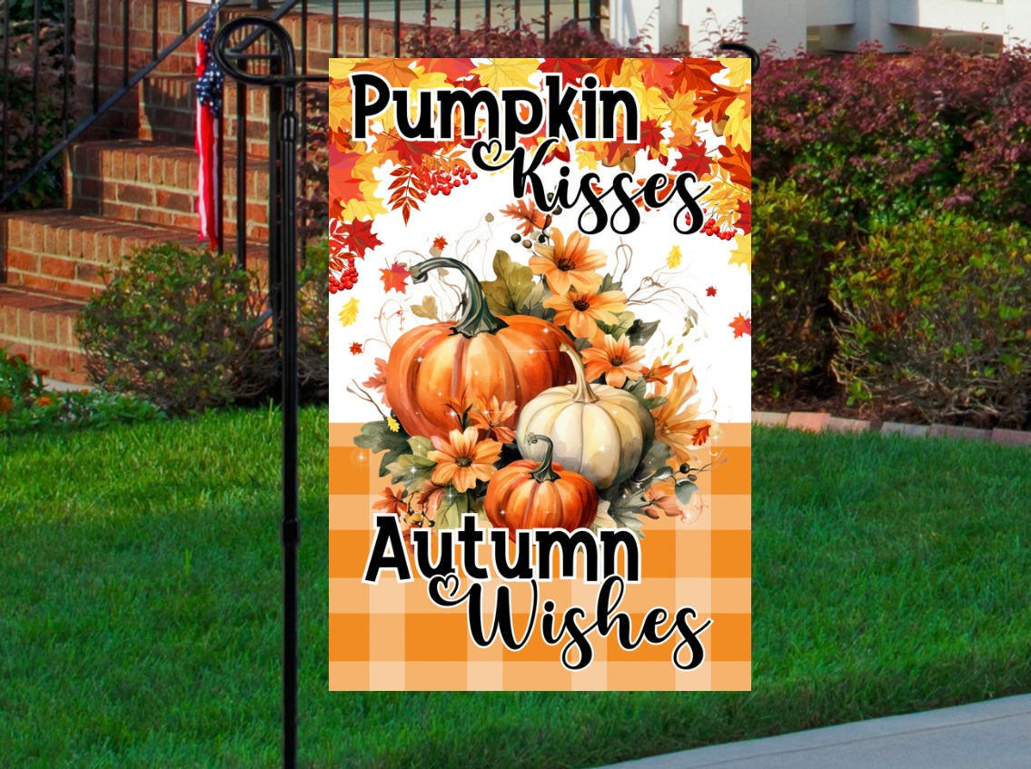 Pumpkin kisses autumn wishes 12x18 garden flag
