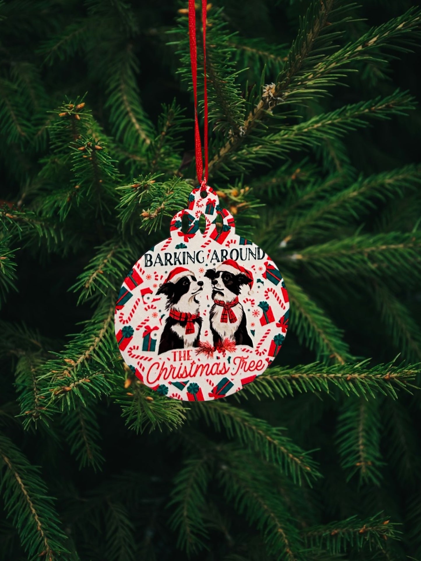 Barkin around the Christmas tree ornament