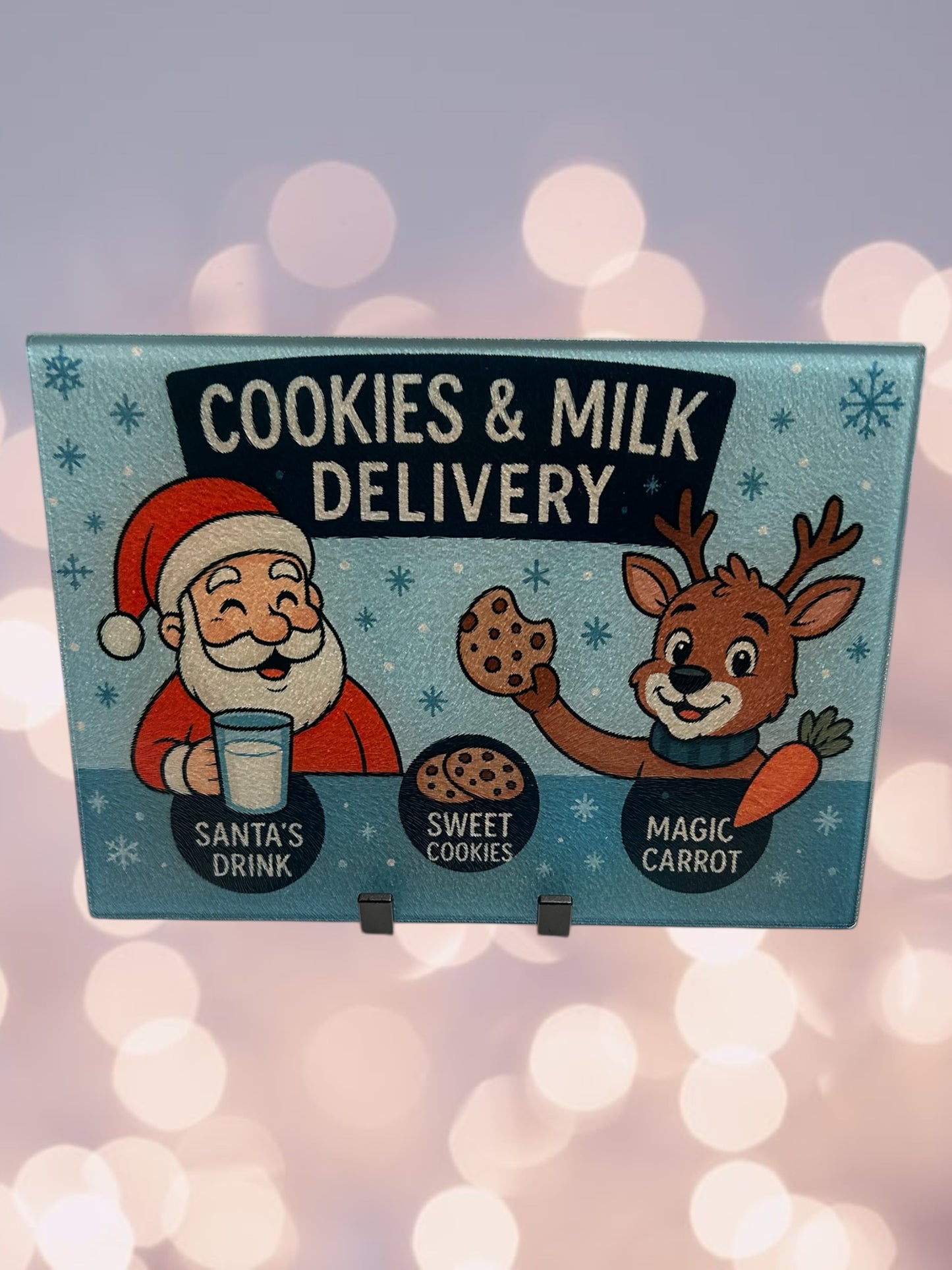 Cookies and milk cutting board