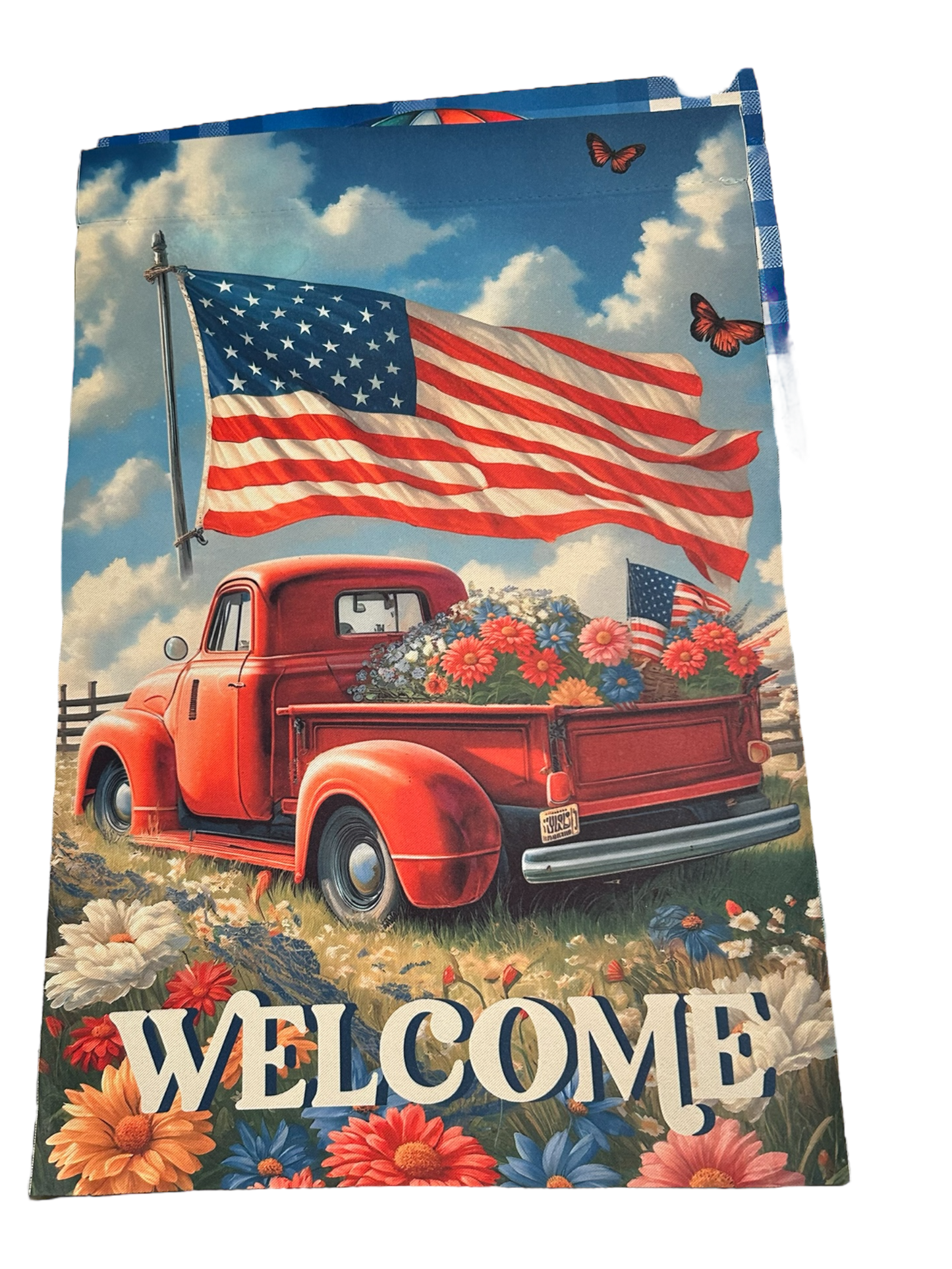 Welcome patriotic truck 12x18 garden flag