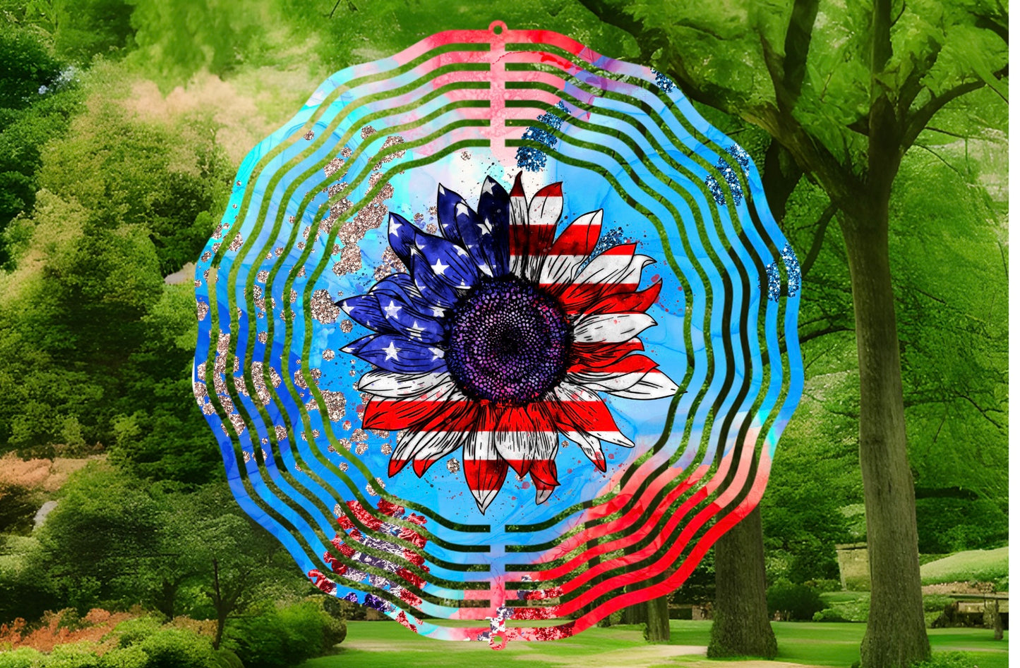 Patriotic sunflower 8in wind spinner