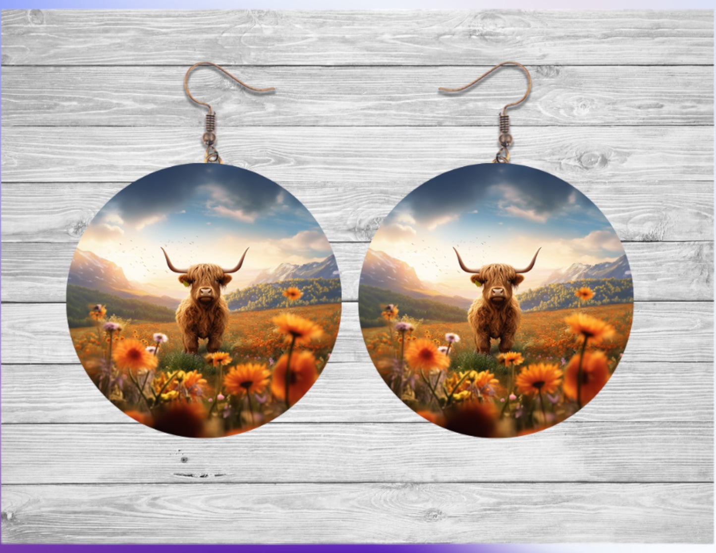 Cow in field with flowers round earrings
