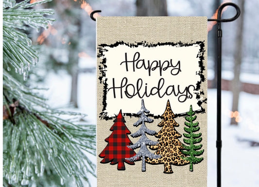 Happy holidays trees 12x18 garden flag