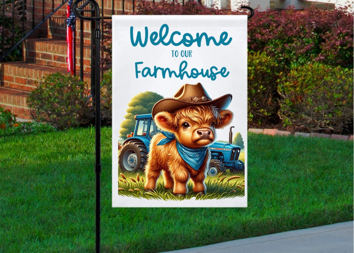 Welcome to our farmhouse blue highland 12x18 garden flag