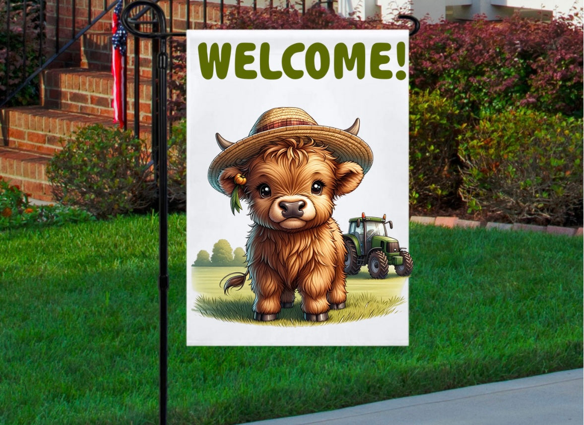 Welcome! Baby highland green 12x18 garden flag