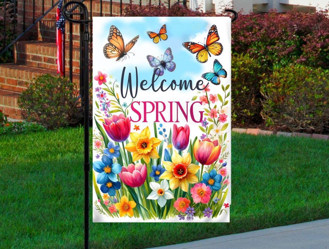 Welcome spring flowers 12x18 garden flag