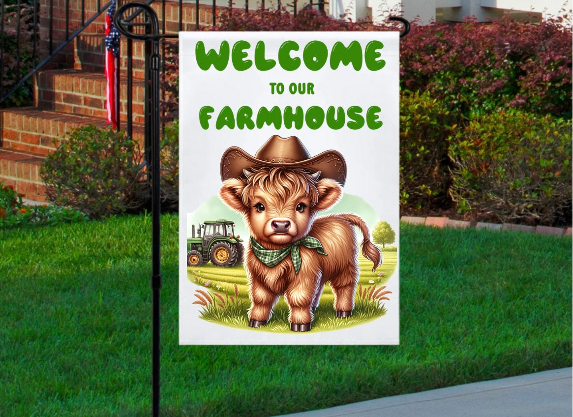 Welcome to our farmhouse highland green 12x18 garden flag