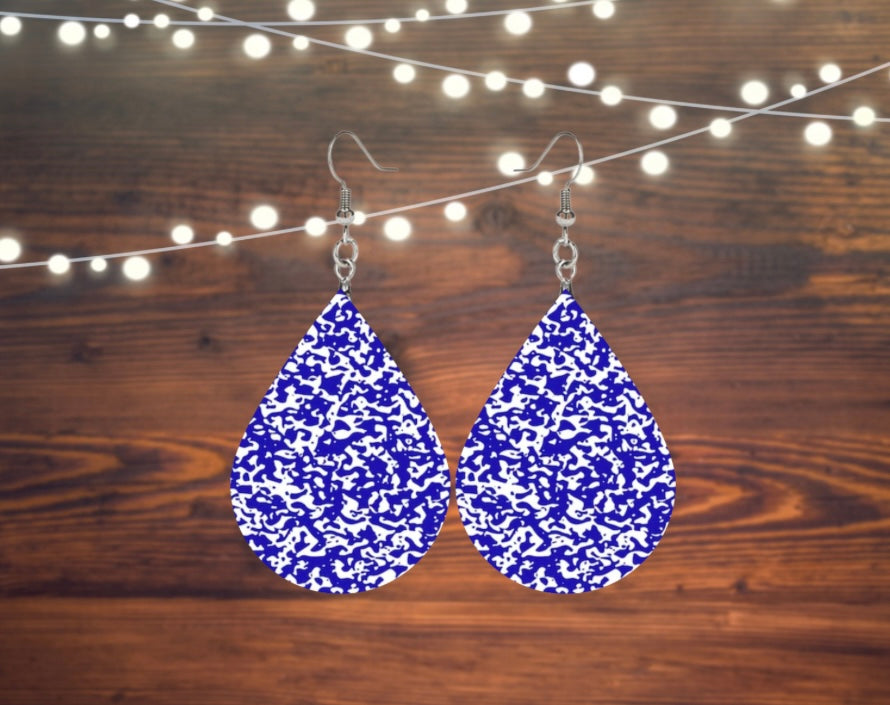 Blue and white tear drop earrings