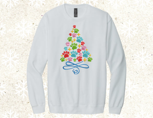 Colorful Paw prints Christmas tree crewneck