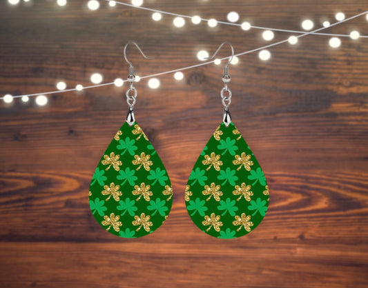 Green and gold shamrock tear drop earrings