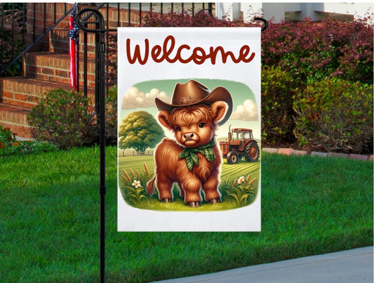 Welcome baby highland red 12x18 garden flag