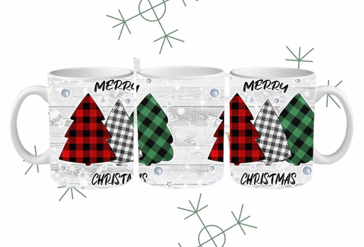 Merry Christmas plaid trees mug