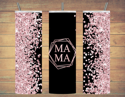 Mama in matte black with pink glitter 20oz tumbler