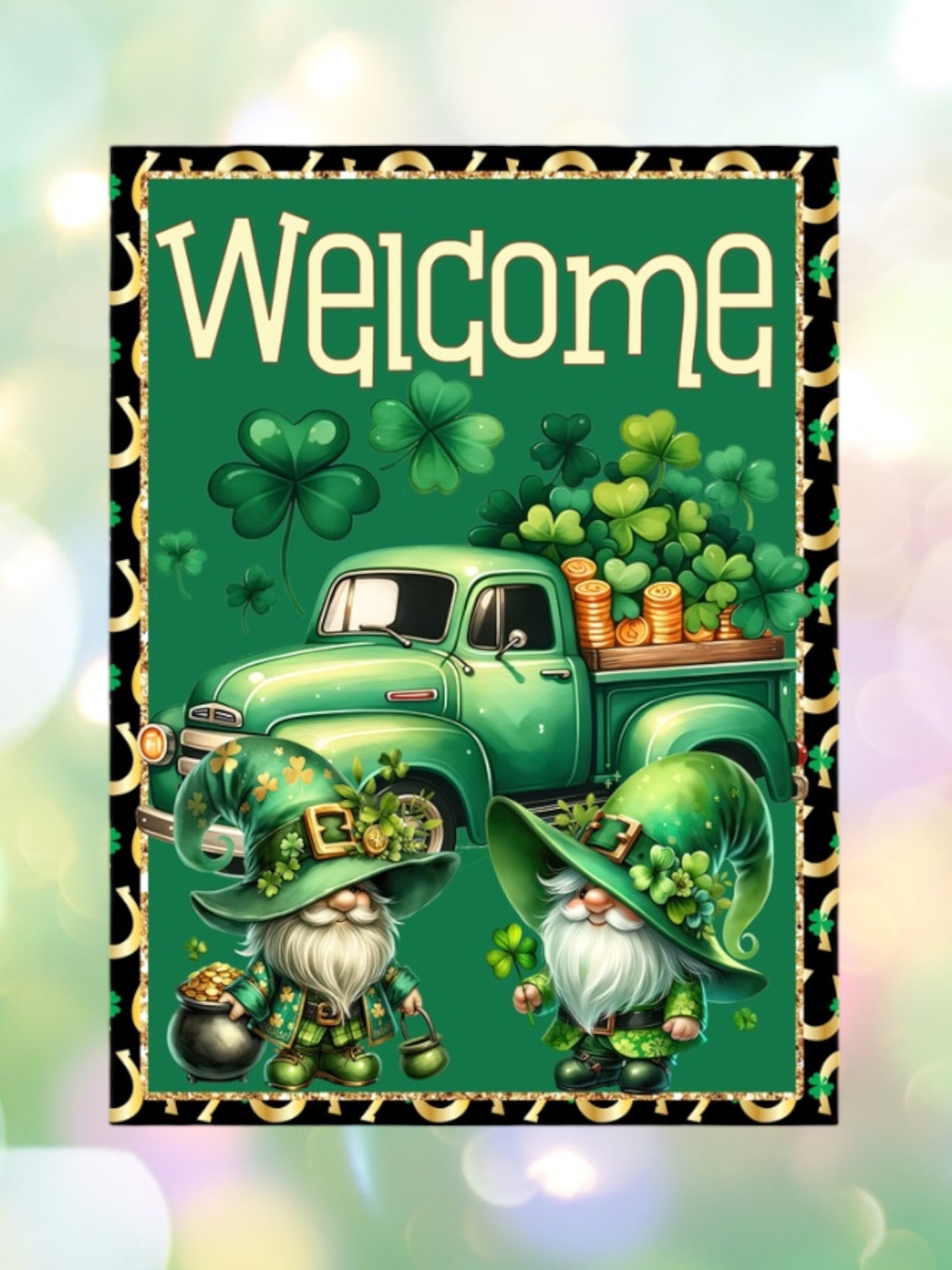 Welcome gnomes at pattys day 12x18 garden flag