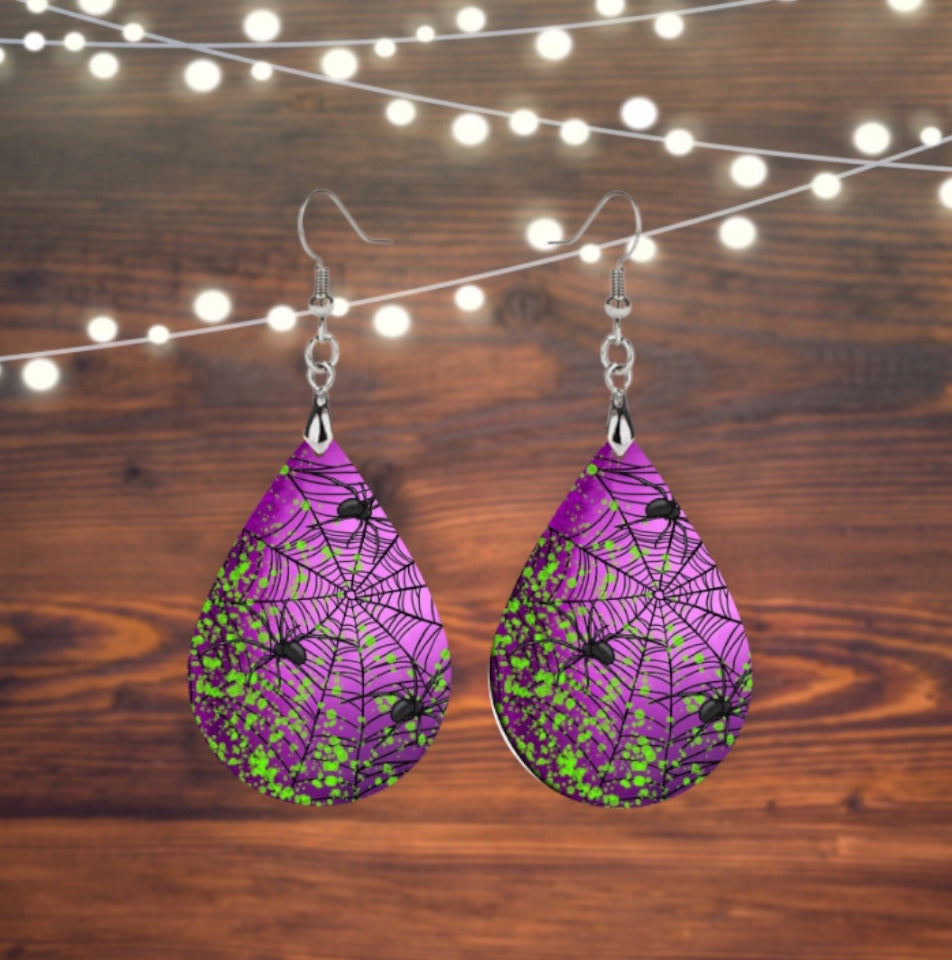 Purple with green splatter spiderwebs teardrop earrings