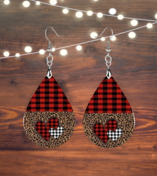 Buffalo plaid hearts teardrop earrings