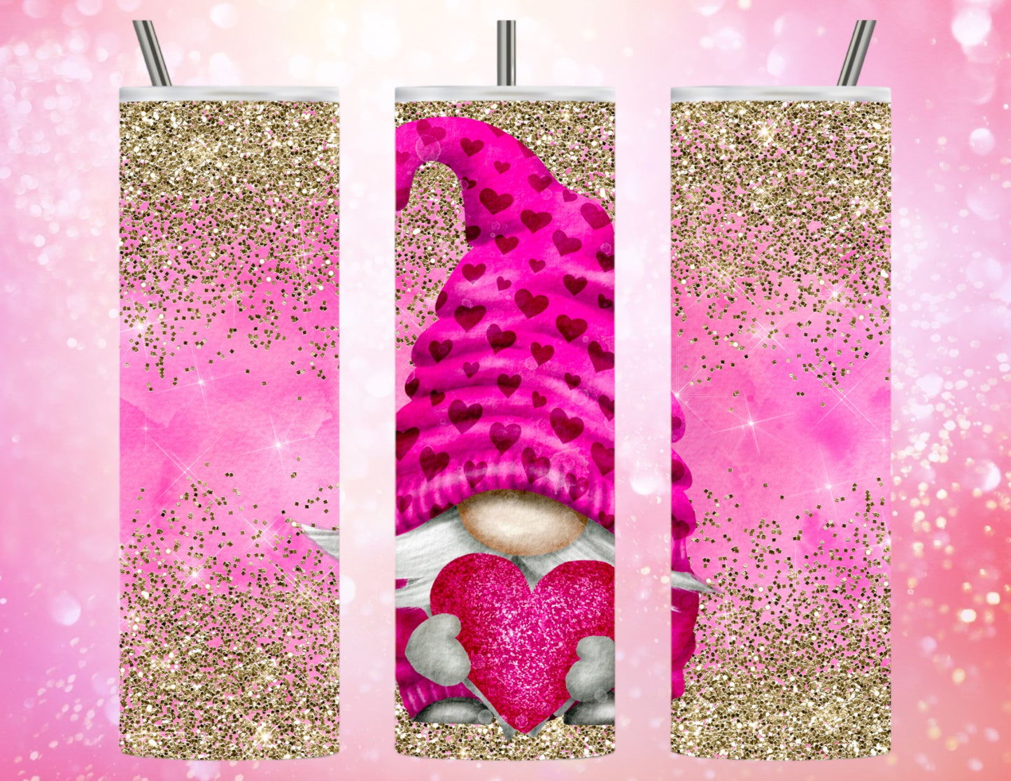 Pink with glitter gnomes 20oz tumbler