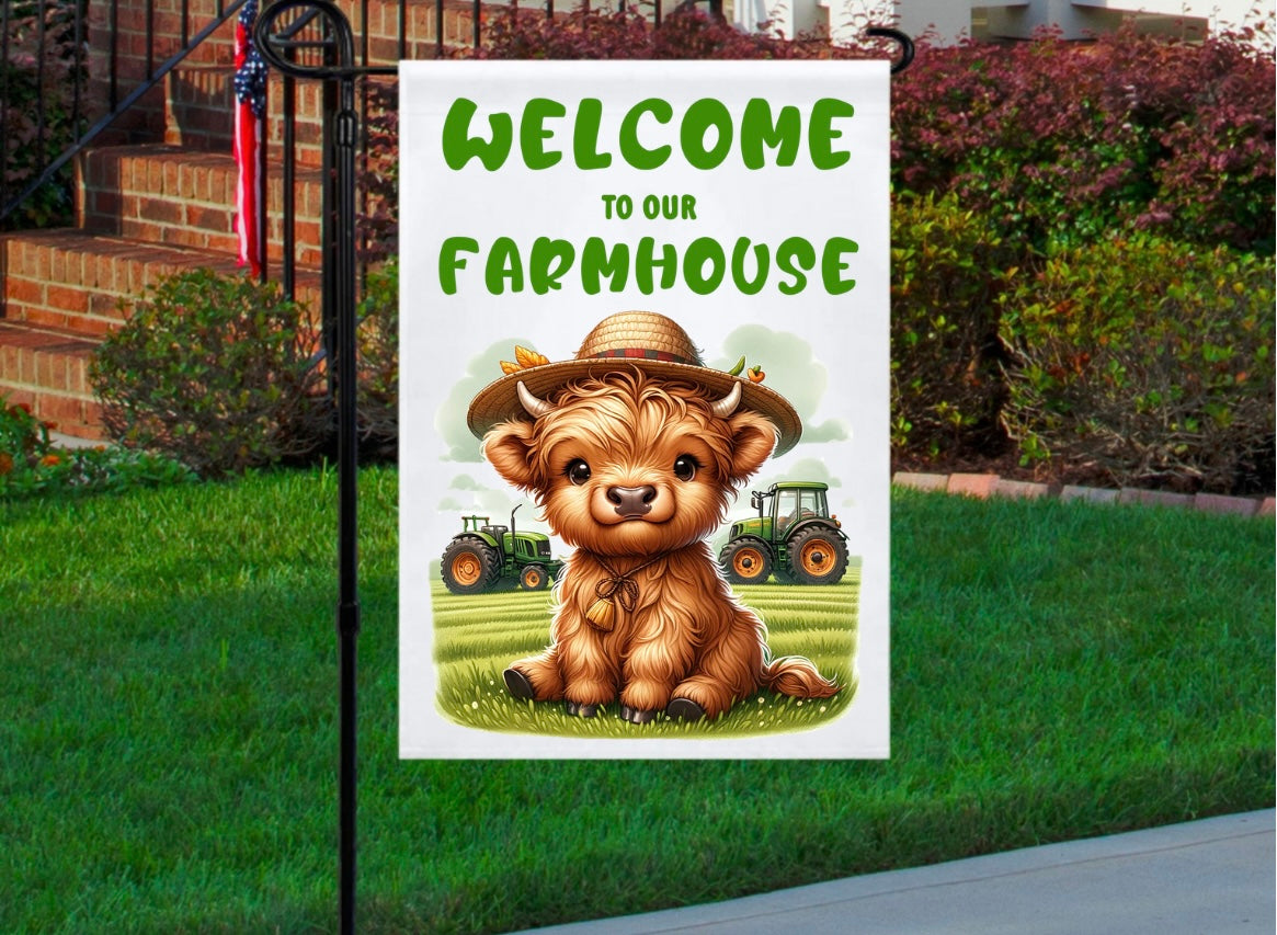 Welcome to our farmhouse green highland 12x18 garden flag