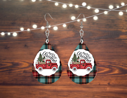 Merry Christmas buffalo plaid tear drop earrings