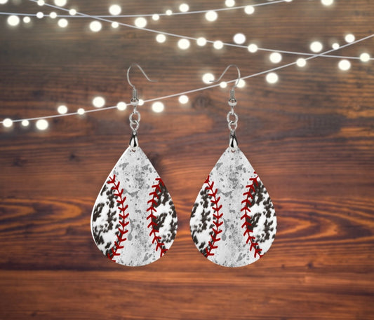 Cowprint baseball tear drop earrings