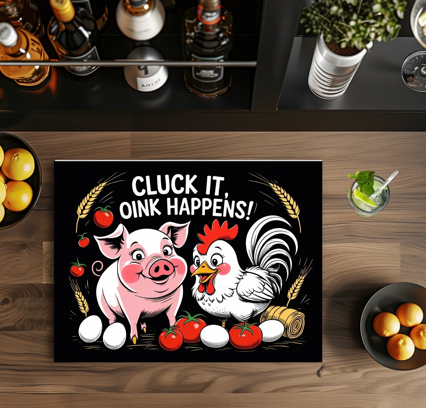 Cluck it oink happens 8x11 glass cutting board