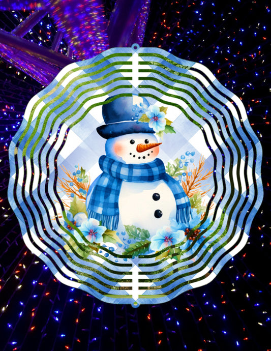 Blue plaid snowman 8in wind spinner