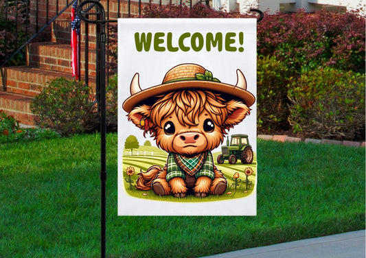 Welcome baby highland green 12x18 garden flag