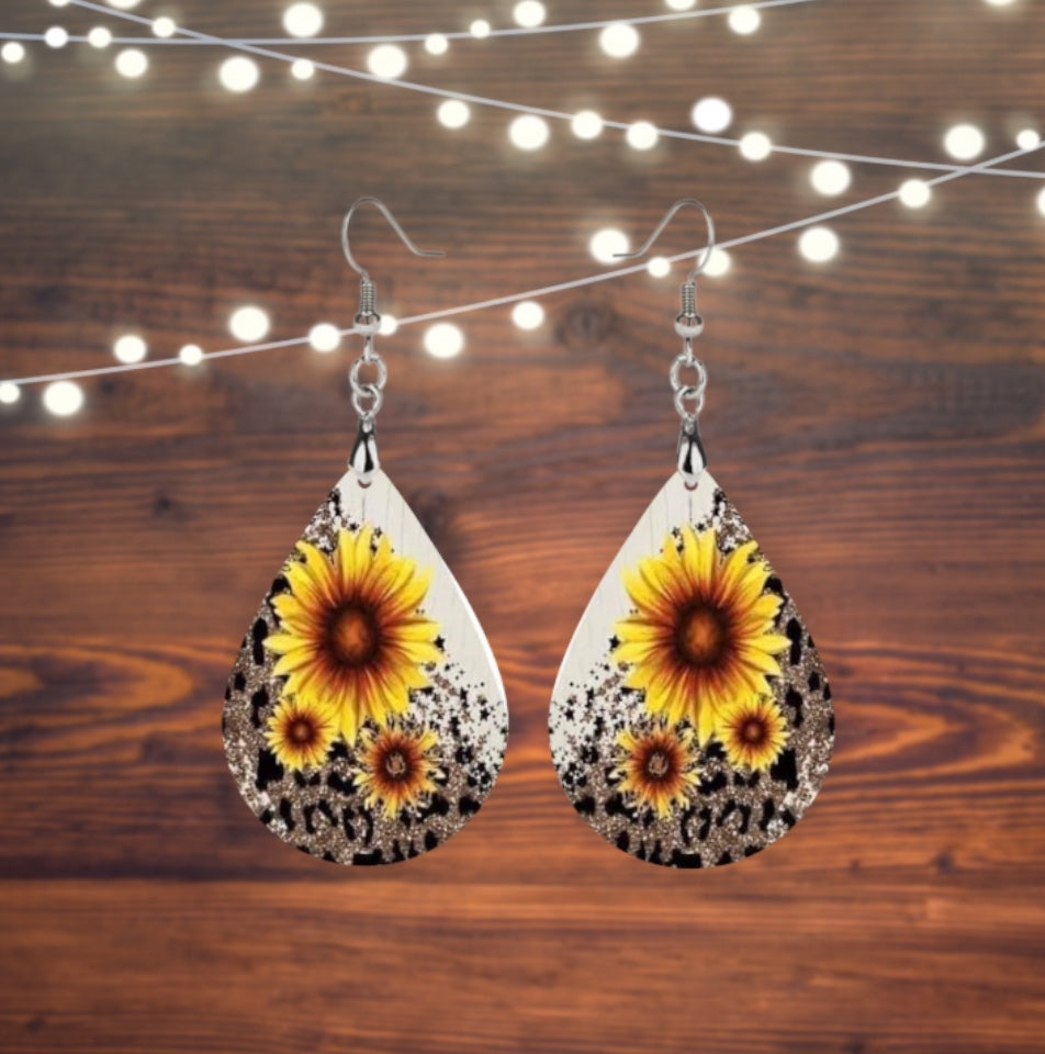 Sunflowers in cheetah print teardrop earrings