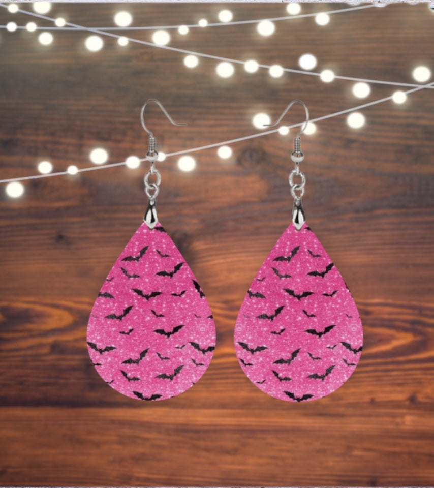 Pink glitter with bats teardrop earrings