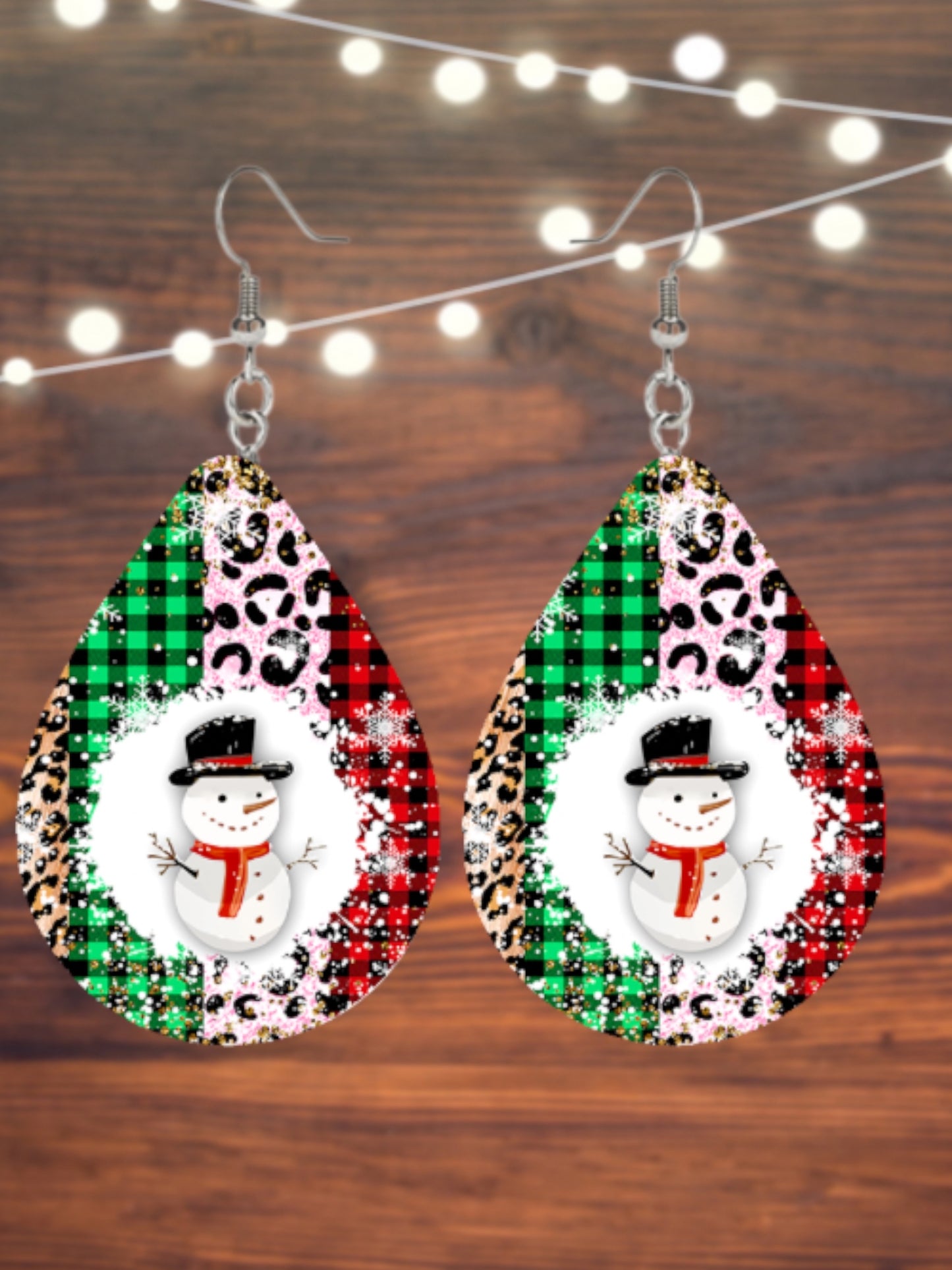 Plaid cheetah snowman tear drop earrings