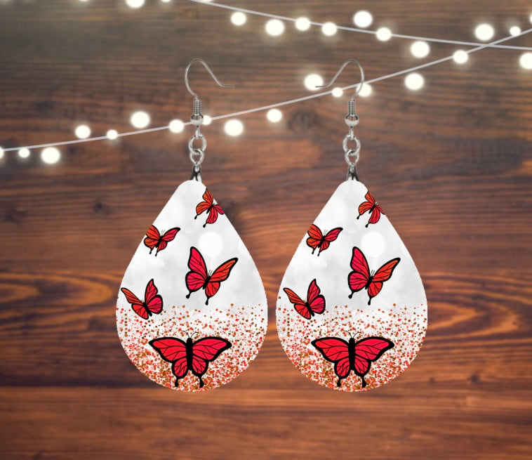 Red butterflies tear drop earrings