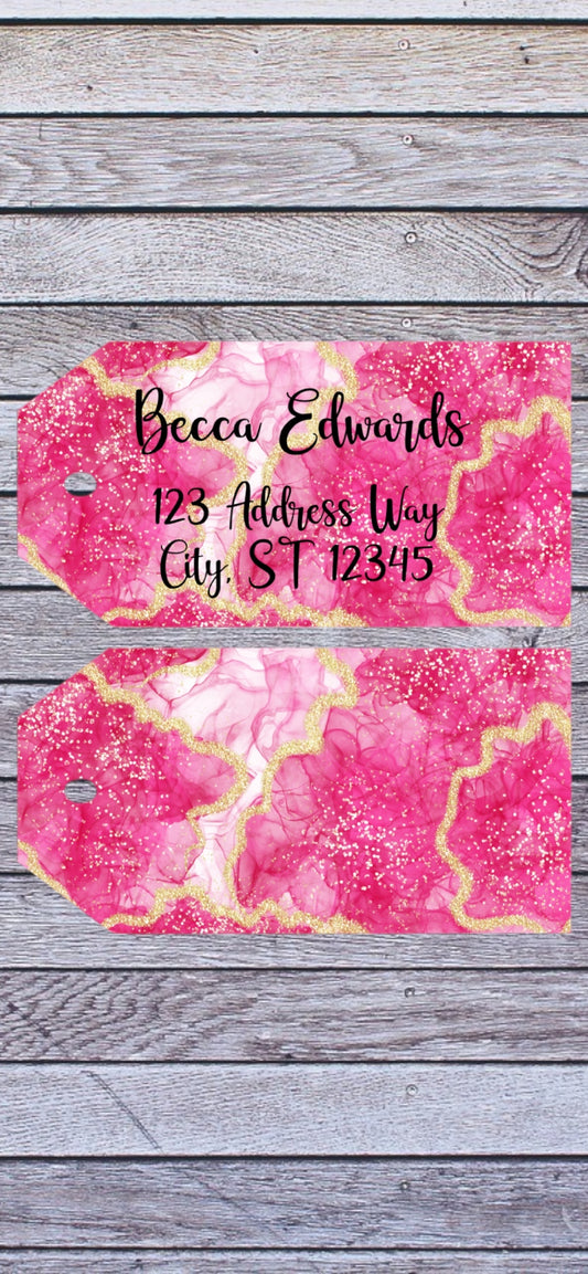 Pink and gold luggage tag