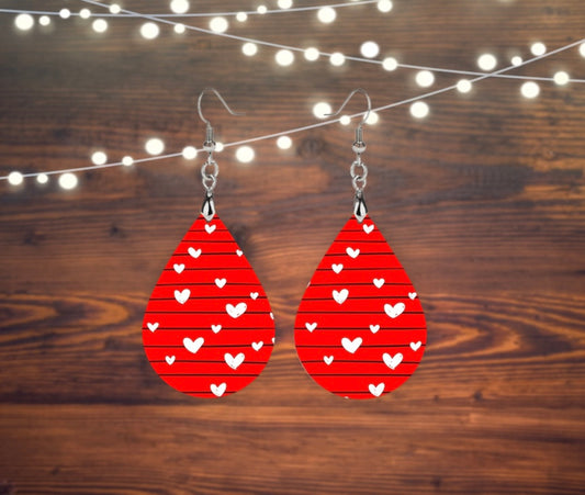 Red with white hearts tear drop earrings