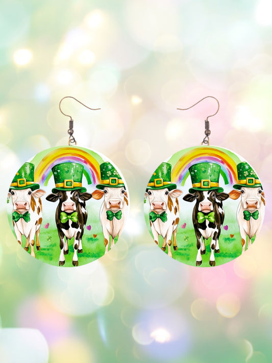 St pattys day cows round earrings