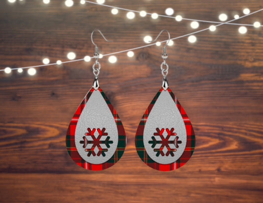 Red buffalo plaid snowflake tear drop earrings