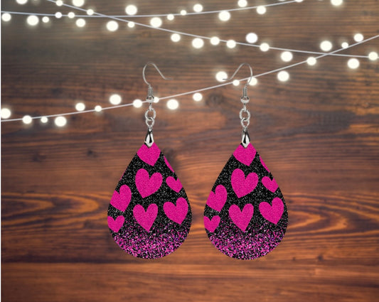 Black with pink hearts tear drop earrings