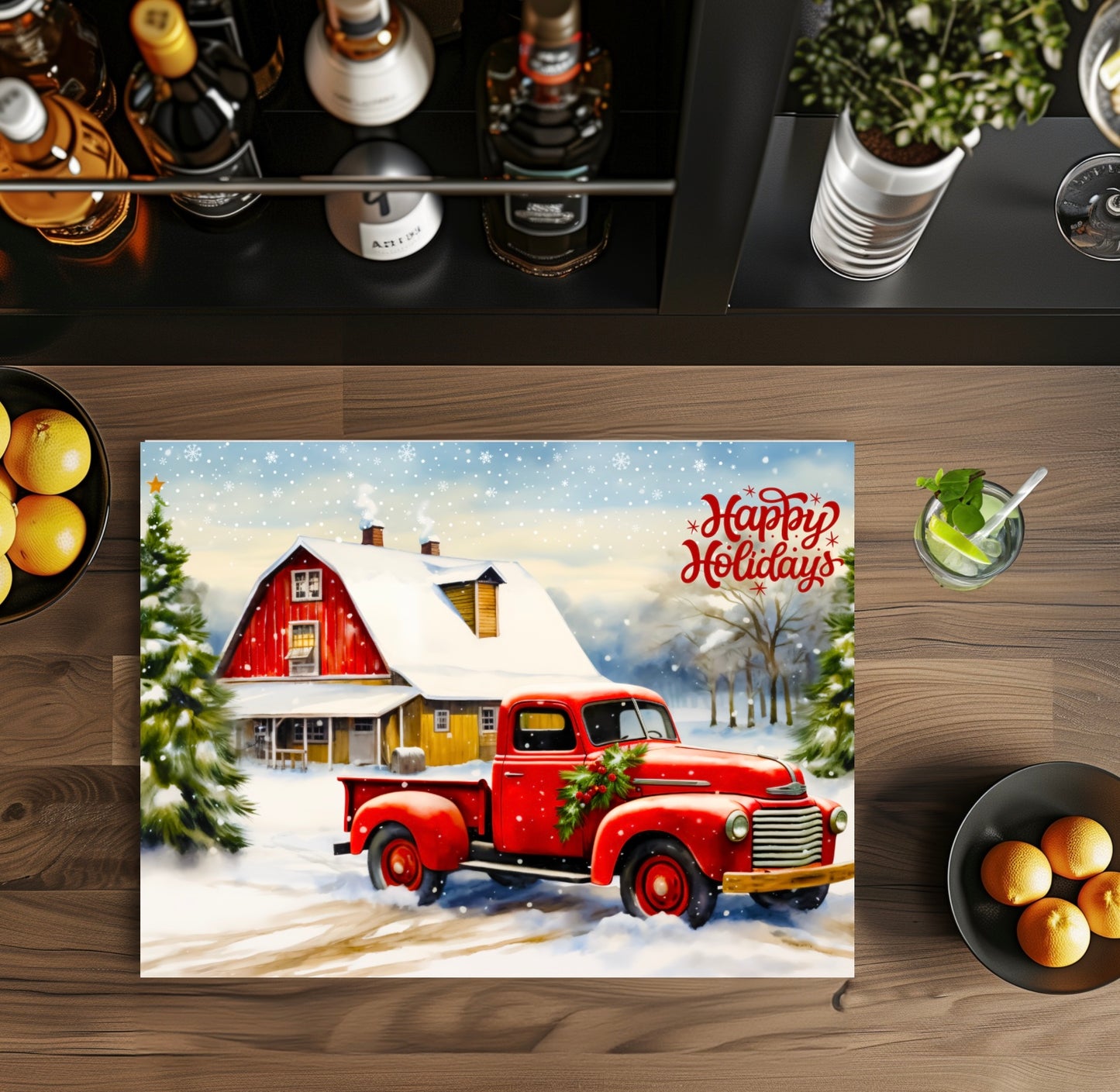 Happy holidays truck 8x11 glass cutting board