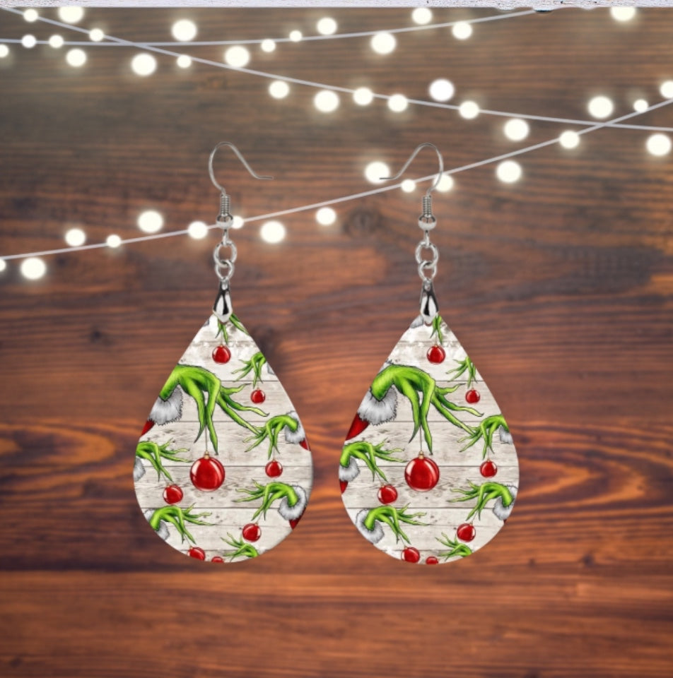 Grinch hands tear drop earrings