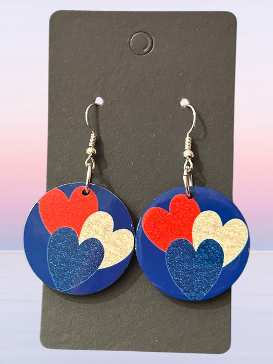 Red white blue hearts round earrings