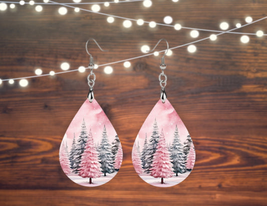 Pink Christmas tree tear drop earrings