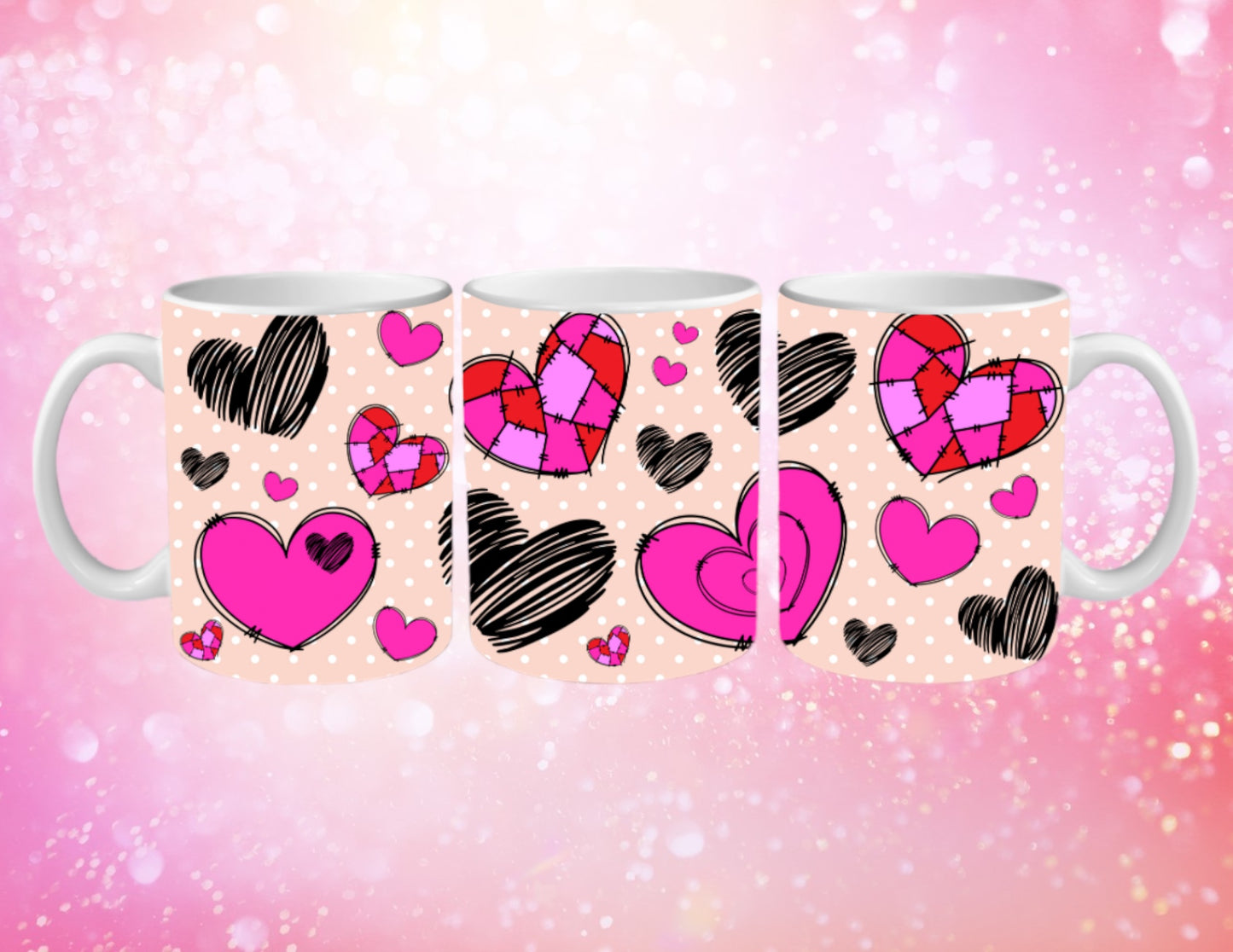 Pink and black hearts mug