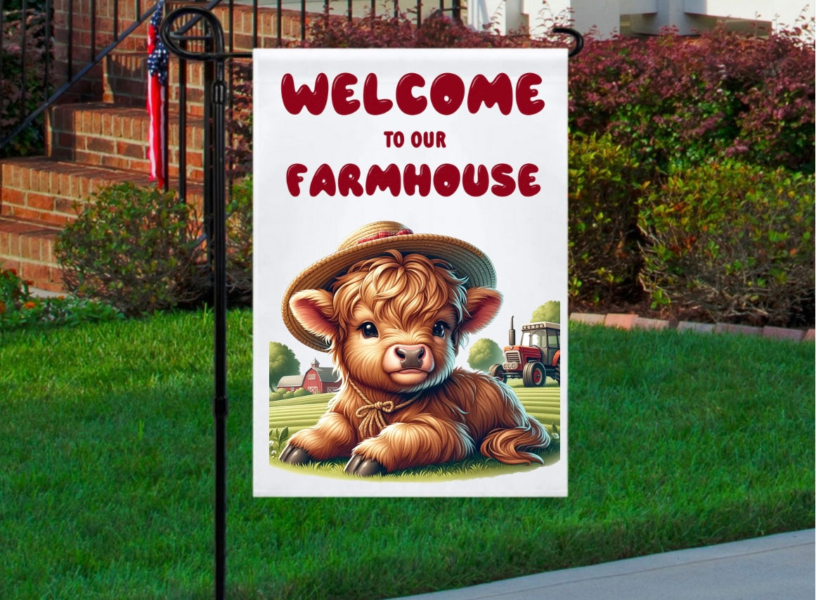 Welcome to our farmhouse red highland 12x18 garden flag