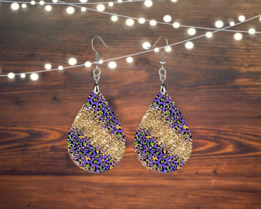 Purple, gold, and green sparkle tear drop earrings