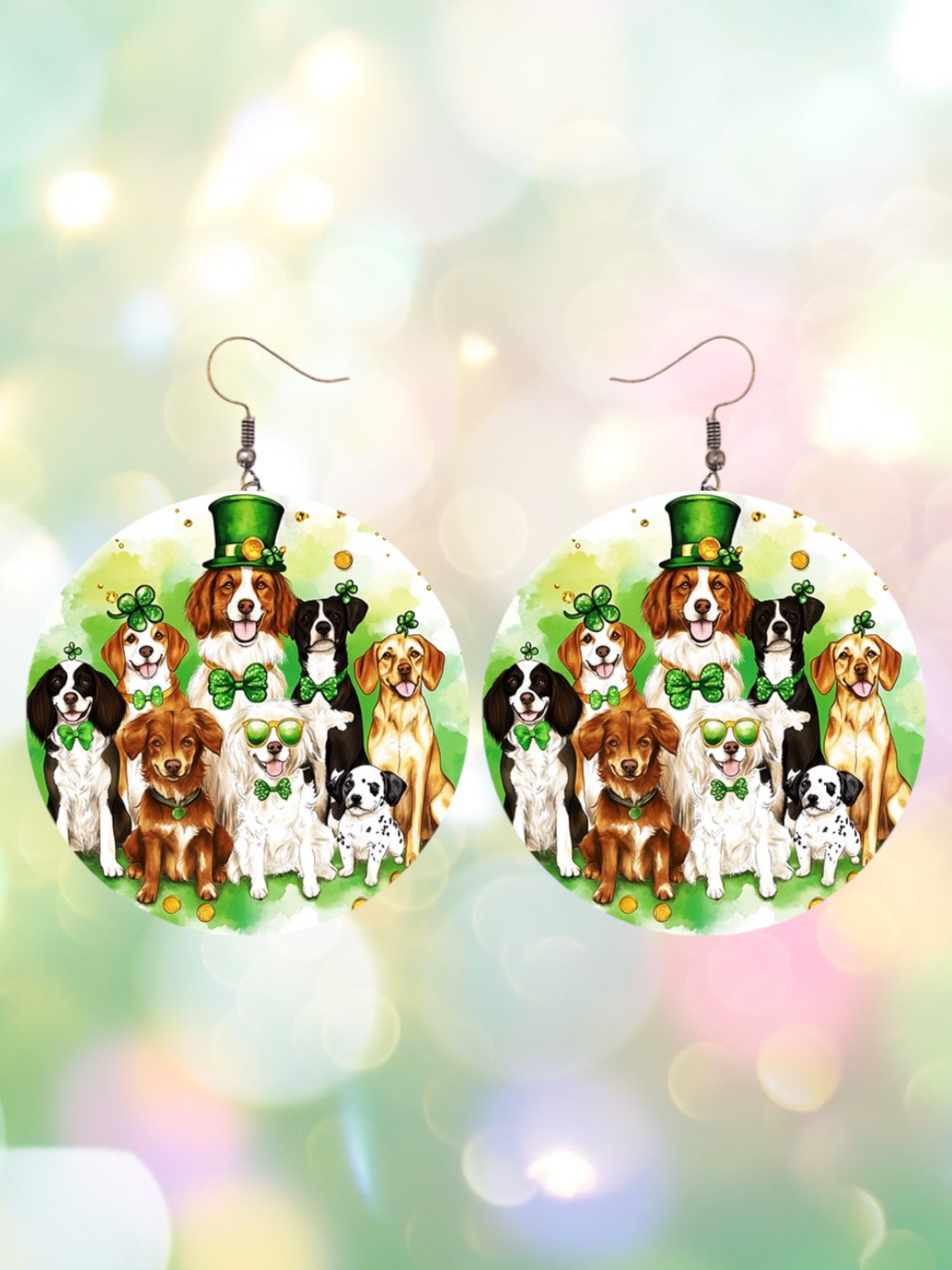 St pattys day dogs round earrings