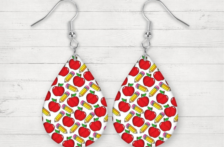 Apple and pencil teardrop earrings