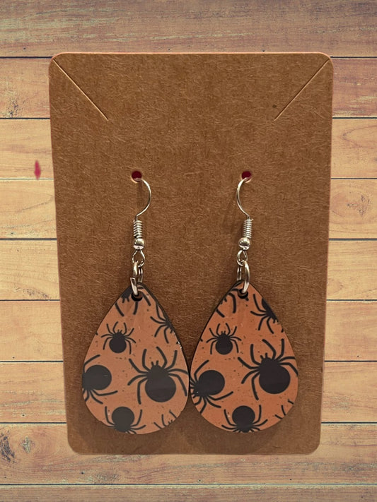 Orange with spiders teardrop earrings