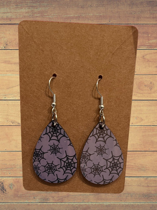 Purple with spiderwebs teardrop earrings