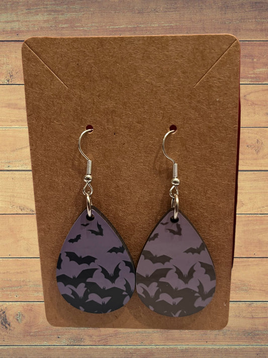 Purple with bats teardrop earrings