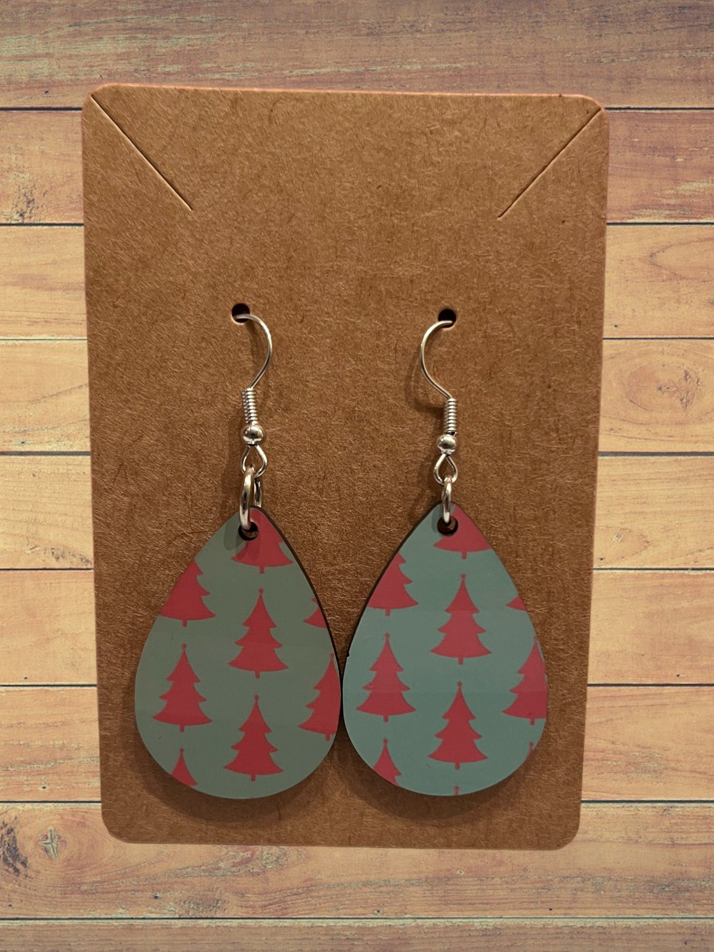 Green with red Christmas trees teardrop earrings