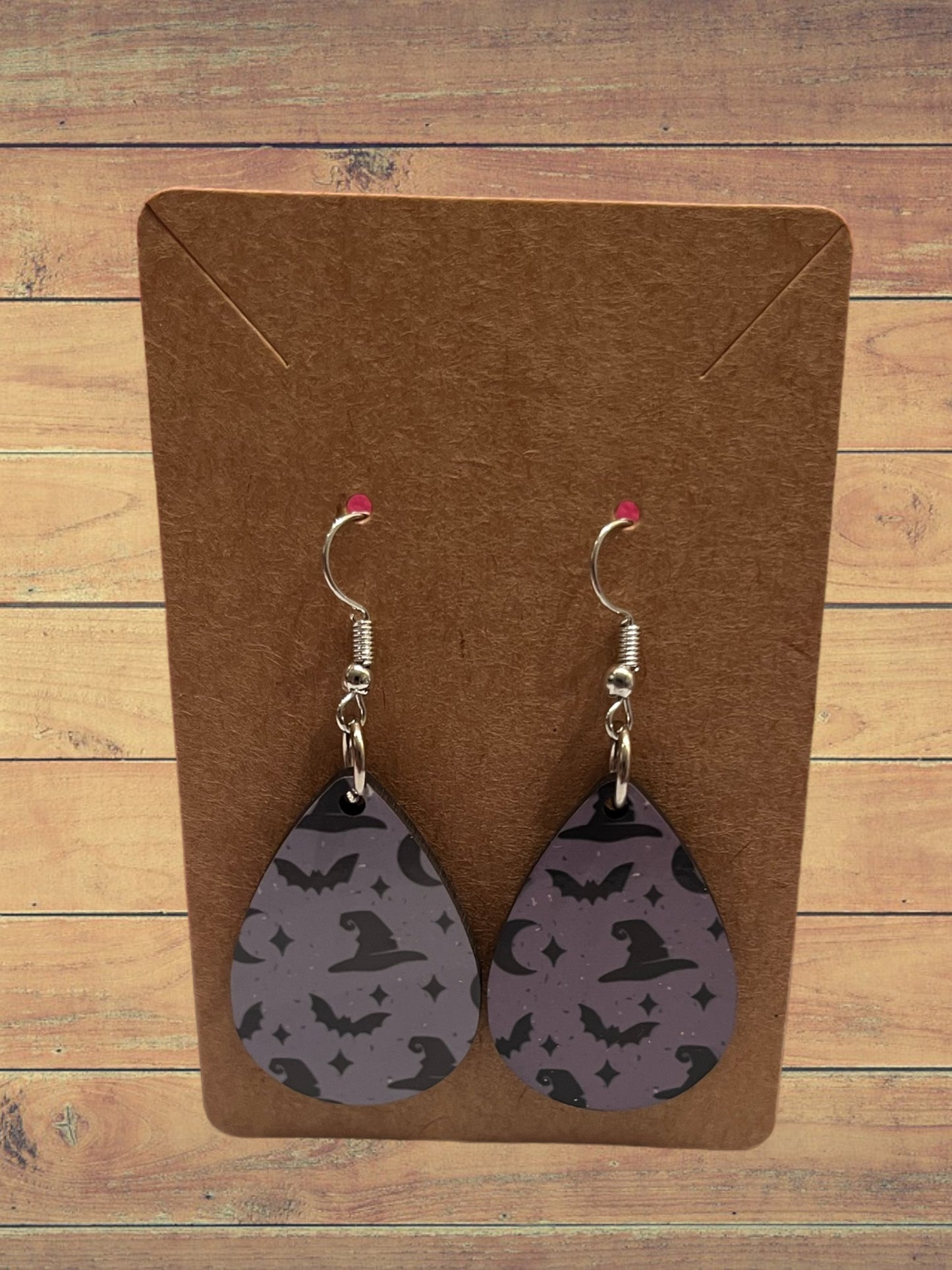 Purple bats and hats teardrop earrings